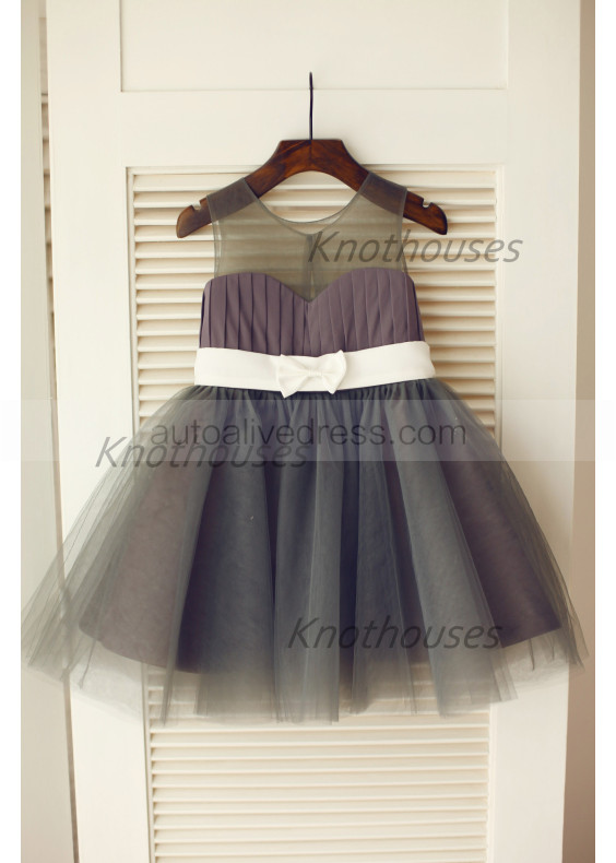 Gray Chiffon Tulle Slit Back Knee Length Flower Girl Dress
